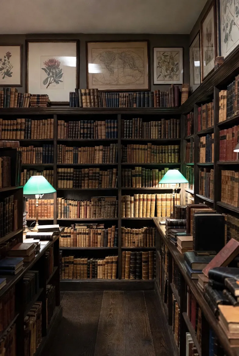 Dark oak bookshelves filled with antique leather-bound books, lit by green banker's lamps