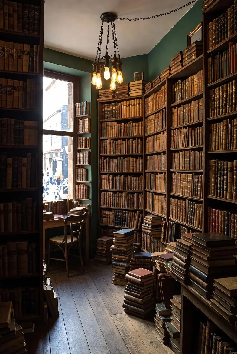 Inside Corey's Bookshop — floor-to-ceiling bookshelves with stacked books and vintage chandelier lighting