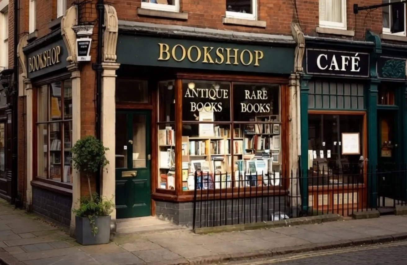 The front of Corey's Bookshop on Thomas Street, Manchester — a traditional bookshop with Antique Books and Rare Books in the window