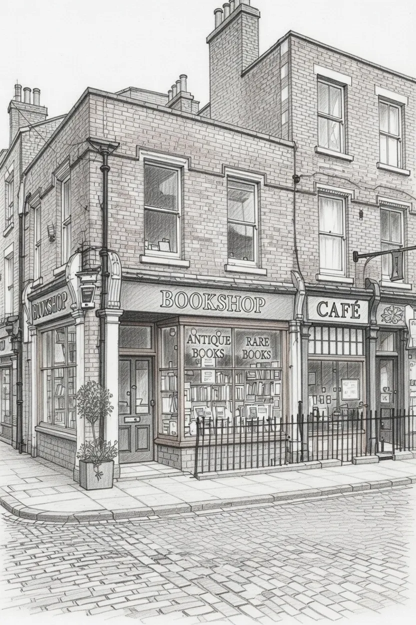 Pencil illustration of Corey's Bookshop on Thomas Street, Manchester