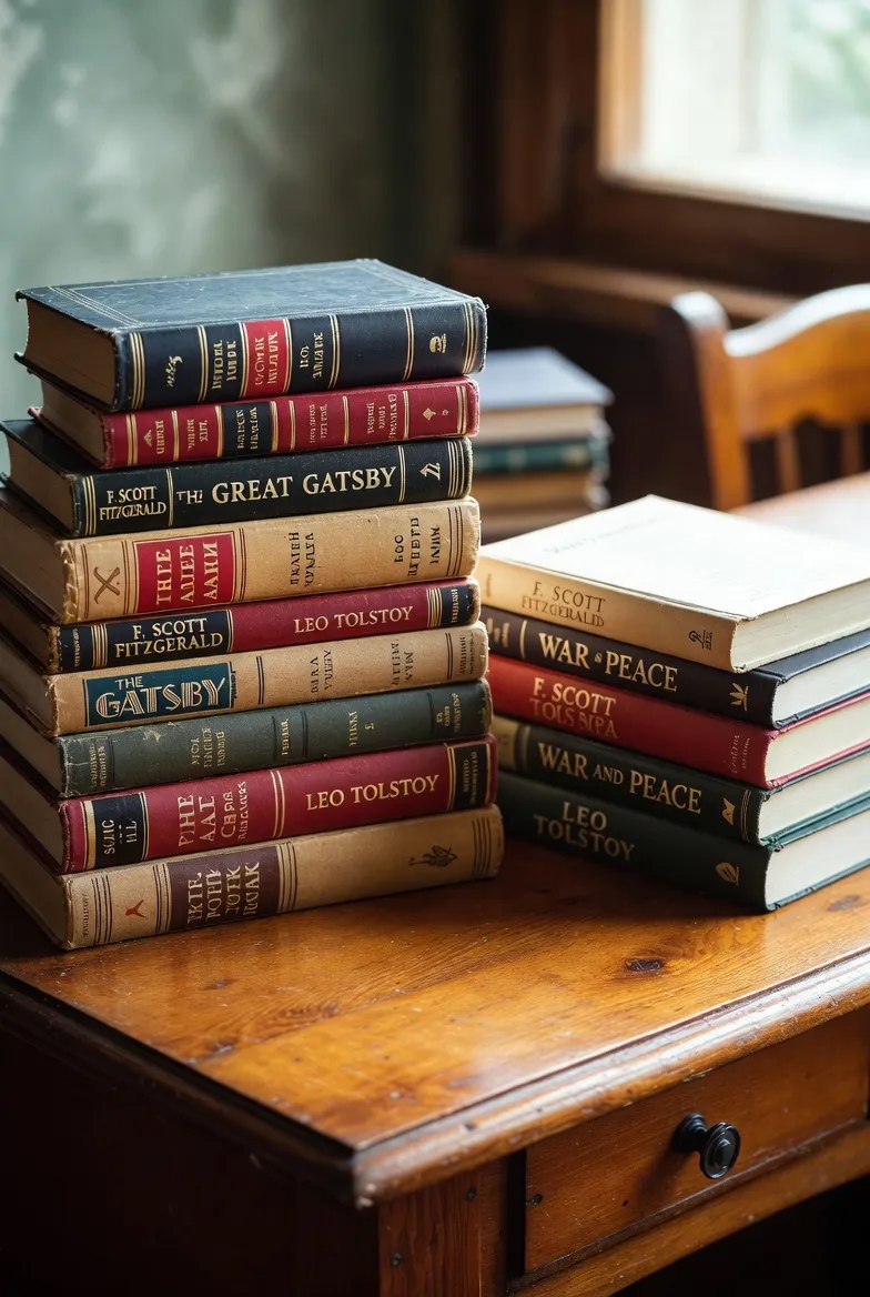 A stack of classic books including Fitzgerald and Tolstoy on a wooden desk