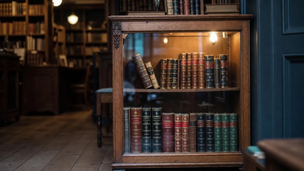 A glass-fronted cabinet displaying rare leather-bound books with gilt lettering